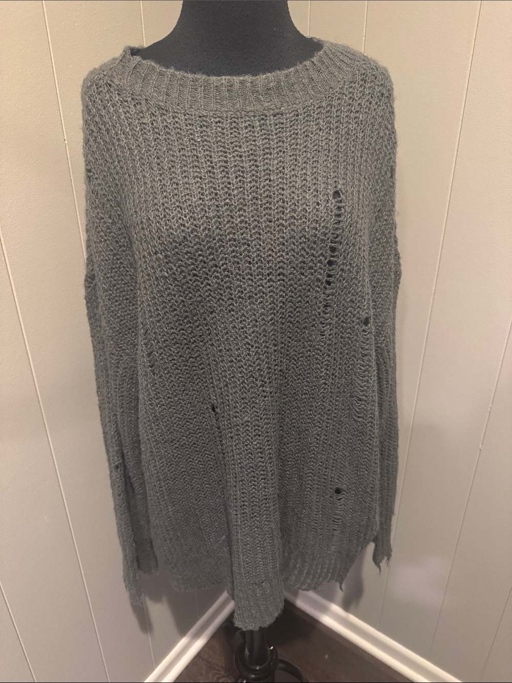 Urban Outfitters gray ribbed soft knit distressed ripped crewneck sweater. Large